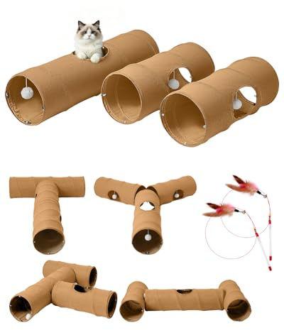 Odoland Túneles grandes de juego para gatos, 3 túneles rectos plegables para gatos, juguete de lino fresco, tubo de túnel para mascotas, para gatos, gatitos y conejos, 90 cm, marrón