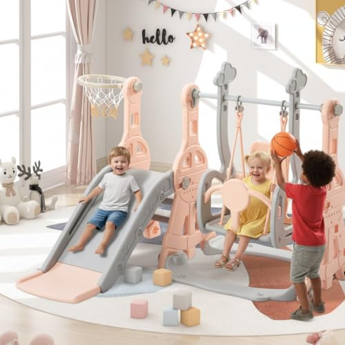 Scivolo per interni ed esterni per bambini, Scivolo 4 in 1 per bambini con altalena, scivolo, scala e cestino da basket, Altalena con scivolo autoportante, Giocattoli per area giochi Montessori (Rosa)