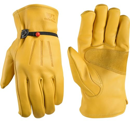 Wells Lamont Leather Work Gloves for Men – Heavy Duty, Cowhide, Abrasion & Puncture Resistant – Adjustable Wrist, Gunn Cut Design, Ideal for Ranching, Farming, Construction - Saddletan - M