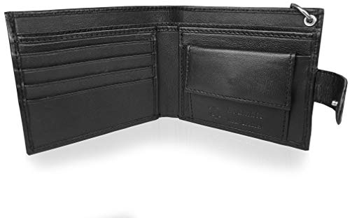 Roamlite Mens Leather Wallet - 43cm Key Belt Chain - 4 Credit Card Slots - Buttoned Coin Pouch - 11 cm x9.5x2 RL506KA (Black Not R*F*I*D Blocking Boxed)