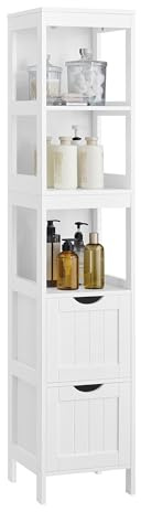 VASAGLE Storage Cabinet, Storage Organizer Rack Stand for Bathroom, Living Room, Multifunctional Corner Unit, 2 Drawers, 55.7 Inches in Height, White UBBC66WT