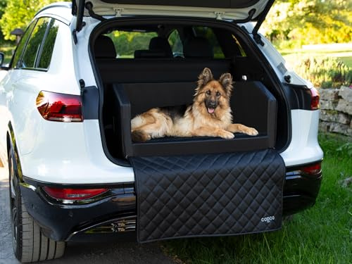 CopcoPet Hundebox Auto Kofferraumschutz Hund mit ladekantenschutz kofferraum【Mit Tasche】kofferraum schutzmatte herausnehmbar - Hunde Autositz mit Anschnallsystem, hundetransportbox 90x70x38cm Schwarz