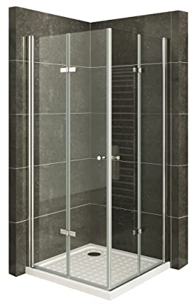 Mampara de Ducha Emma-75x75x180cm|REVERSIBLE|Puertas Plegables, Ajuste 73,5-75,5x73,5-75,5cm|Perfiles Cromo, Cristal Templado Transparente 6mm