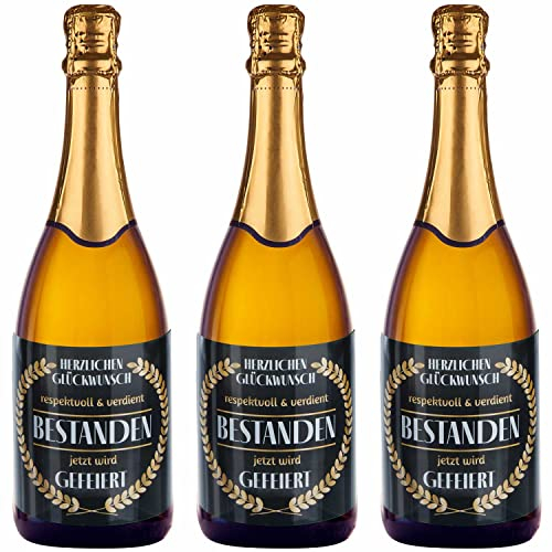 Flaschenetikett Bestanden Flaschen-Aufkleber für bestandene Prüfung, 3er Set Flaschen Etiketten für Abschluss, Abi, Studium, Führerschein uvm. (Lorbeerkranz)