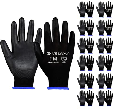 Velway Gants de Travail 12 Paires - Gants Resistant aux Abrasion - Revêtement en Polyester PU - Polyvalent Gants de Jardinage - Pour Mecanique Industrielle Logistique Assemblage - Noir Taille 10