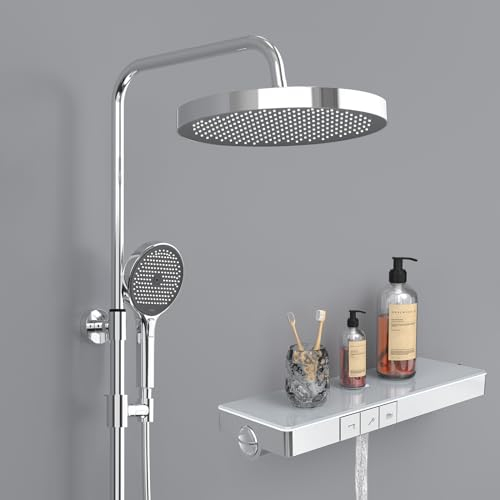 EMKE® Duschsystem mit Thermostat 40 cm Glasablage Duschsystem Regendusche,Übergröße Regendusche + Handbrause 3 Strahlarten + Unterer Auslauf, Duschset Einfach Install, KTW-Zertifizierung, Chrom