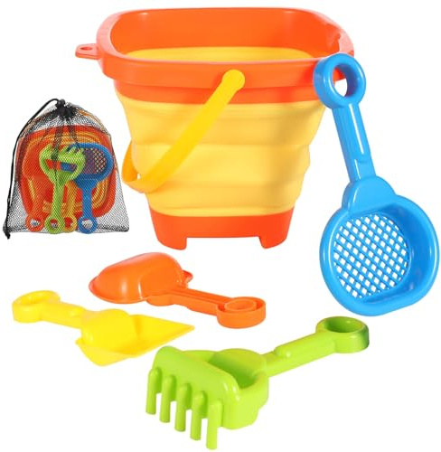 Zuimei 6Pcs Kids Beach Toys Collapsible Bucket and Spade Set with Mesh Bag | Foldable Design, Compact Storage, Summer Sand Toy for Beach, Sandpit, Travel and Outdoor Play