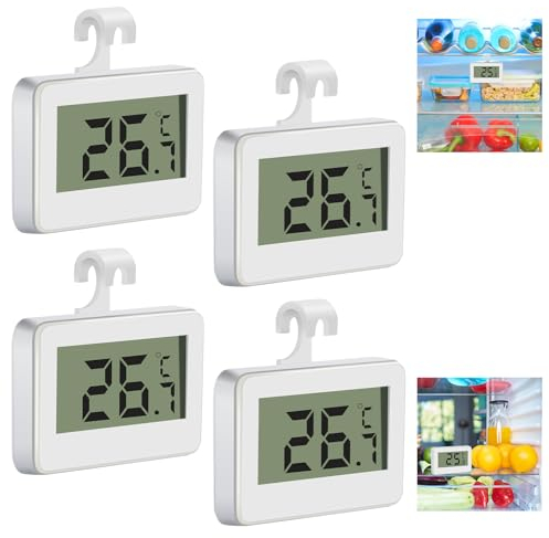 VFANDV Termometro per Frigorifero 4 Pezzi, Mini LCD Digitale Termometro Frigo con Gancio e Allarme Gelo Termometri per Frigo per Interni Esterni Casa Ristoranti Bar Caffetterie