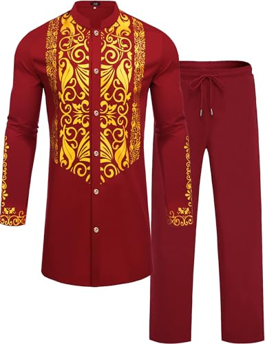 ZSJR Mens African 2 Piece Sets Dashiki Metallic Traditional Suit Gold Stamp Printed Shirt and Pants Outfit, Wine Red, XX-L