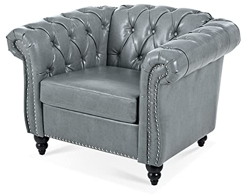 Chesterfield Classic Faux Leather Sofa Chair, Button Tufted Single Couch Armchair for Living Room Bedroom Apartment (Gray)