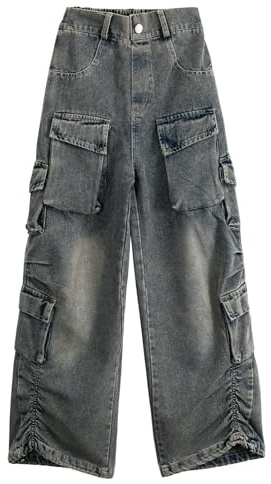 Rolanko Pantalones Baggy Cargo para Niñas, Cintura Alta Elástica, Jeans Rectos de Pierna Ancha con Múltiples Bolsillos, Retro Azul, Tamaño: 11-12 Años/160