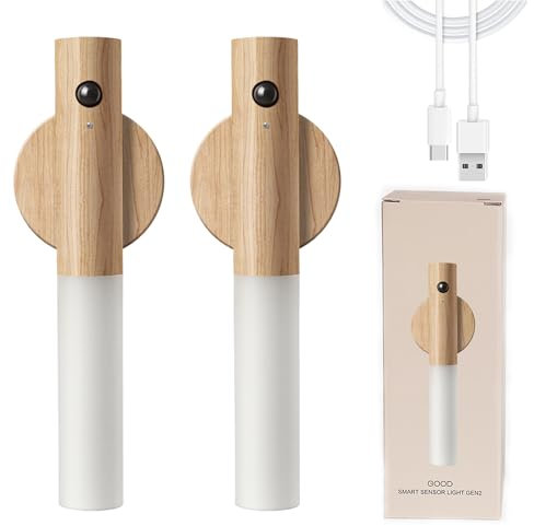 BURNTOP Motion Sensor Night Light Portable Battery Lamp Removable Magnetic Wireless Wall Lights Indoor Rechargeable Wall Lamp Bedroom Corridor Staircase Automatic Sensing Lamp(White Ash Wood 2PS)