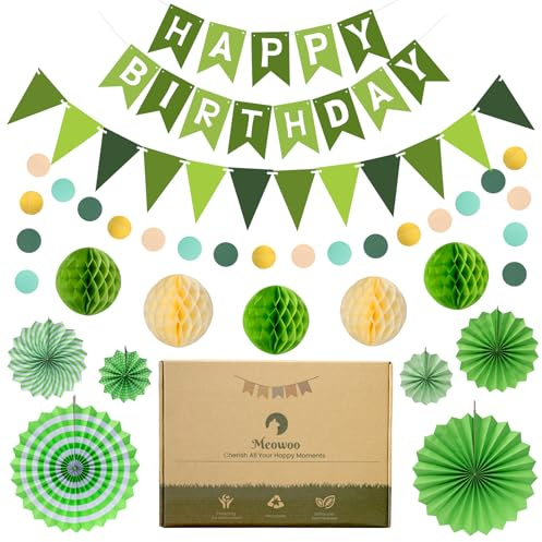 Meowoo Green Birthday Decorations, Reusable Paper Birthday Party Set | Happy Birthday Banner, Triangle Bunting, Circle Garland, Honeycomb Balls & Paper Fans, For Kids, Teens & Adults