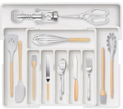 Wnddle Organizador Cubiertos para Cajon, Organizador de Cubiertos Expandible, Bandeja de cubiertos expandible para cajón de cocina, Separador Vajilla de Plástico para Almacenaje Cocina (Blanco)