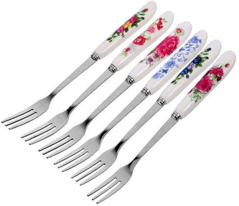 LOORGVEL 6 pièces Lot de Fourchettes Dessert Inox à Deux Dents avec Manche Céramique Multifonctions pour Fruits Gâteaux et Apéritifs Accessoires Cuisine Portables