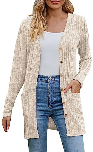 YOSUWOAI Chaqueta de punto de manga larga abierta con botones y cuello en V para mujer, cárdigan elegante acanalado con bolsillos, cárdigan de punto de longitud media, abrigo de punto liso