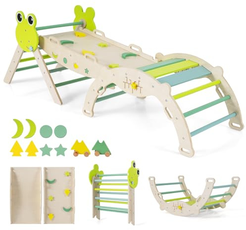 COSTWAY 7 en 1 Triangle d'escalade Enfant Pliable sur Thème Grenouille avec Rampe & Échelle, Arche d'escalade Montessori en Bois Hêtre avec 10 Blocs & Labyrinthe, Aire de Jeux Intérieur pour 1 an+