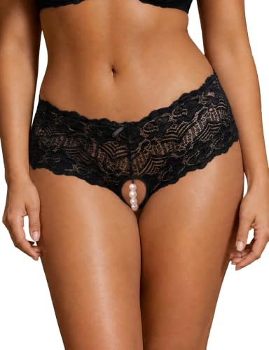 comeondear Tanga Mujer Sexy Abierta de Encaje con Perlas y Lazos Negro,XL