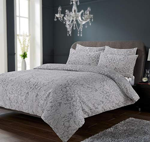 Olivia Rocco Chantilly Duvet Cover Set Modern Print Cotton Rich Quilt Covers Reversible Easy Care Bedding Bed Linen Sets, Double Grey