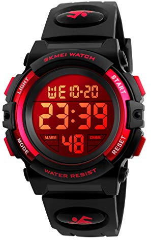 FIZILI Boys Watch Digital Sports Waterproof Outdoor Kids Watches Alarm Clock 12/24 H Stopwatch Calendar 3-15 Year Old Boys Girls Wristwatch - Black Red