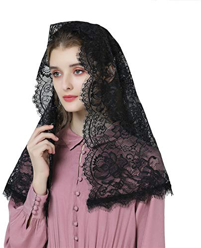 BEAUTELICATE Damen Mantilla Schleier Spitze Kapelle Katholisch Schleier Schal Stola Kopfbedeckung Spitze Schwarz Weiß für Katholischen Kirche Latin Mass kirchliche Hochzeit Braut V114 Schwarz