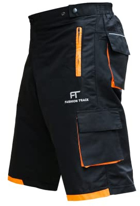Fashion Track MTB Shorts - Inner Padded, Baggy, Breathable Mens Mountain Bike Shorts - 6 Pockets Cycle Shorts for Cycling, Running, Hiking and Outdoor Lifestyle (XL, Black/Orange)