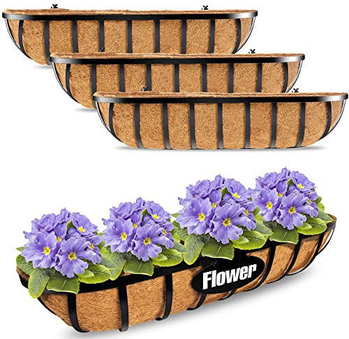 HFHOME 4Pcs 30/76.2cm Large Wall Trough Rail Planters,Heavy Duty Metal Planter Box with Coconut Coir replacement,Gardening Kit for Window Box Porch Balcony & Outdoor Fences