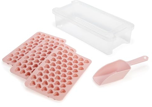 Paris Hilton Heart Shaped Mini Ice Cube Tray Set - 3 Molds, Ice Bin Storage with Lid & Scoop, Easy Release Silicone, BPA Free, Pink, 6-Piece