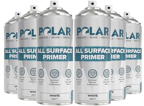 Polar All Surface Primer Spray Paint - 6 x 400ml, Matt White - Quick Drying Undercoat - Easy Spray Primer with Strong Adhesion - For Interior & Exterior Surfaces