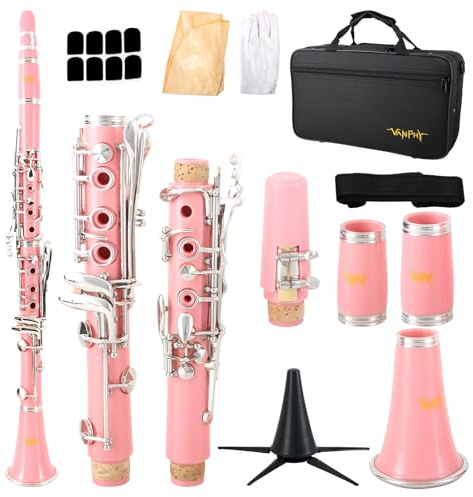 VANPHY Bb Clarinet For Beginners Students B Flat Clarinet 17 Keys Clarinet with Case Stand Strap 2 Barrels 8 Mouthpiece Cushion White Gloves(Pink)