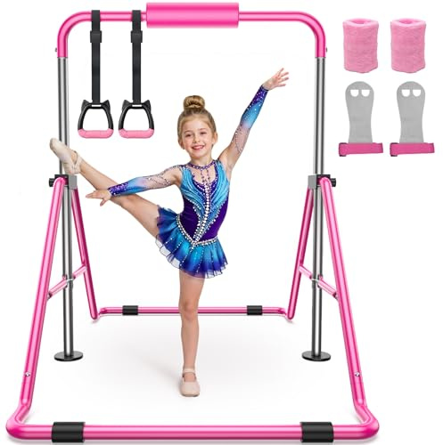 Sportsroyals Gymnastics Bar for Kids,Adjustable Height Gymnastic Horizontal Bars,Folding Gymnastic Junior Training Kip Bar for Home, Pink (Pink)