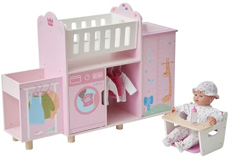 Olivia's Little World Amanda 6-in-1 Wooden Doll Nursery Station with Rocking Cradle, High Chair, Storage, Washing Machine and Sink - for 3 yrs and up, Pretend Play House, Daycare - Pink/Multi