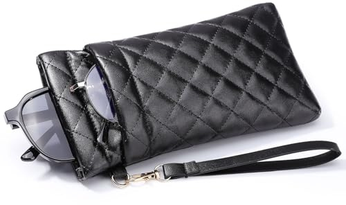 MoKo Doppio Astuccio per Occhiali con Cinghia di Trasporto, Custodia per Occhiali da Sole Portatile in Pelle PU Morbida con Panno di Pulizia per Donne Uomini, Nero