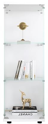 jeerbly Glasvitrine Standvitrine, Glasvitrine, eintürige Vitrinen für Wohnzimmer, Schlafzimmer, Büro, Standregal aus Glas, eintürige Vitrine aus gehärtetem Glas, (Weiß Kein Licht, 3 Regale), blg-15