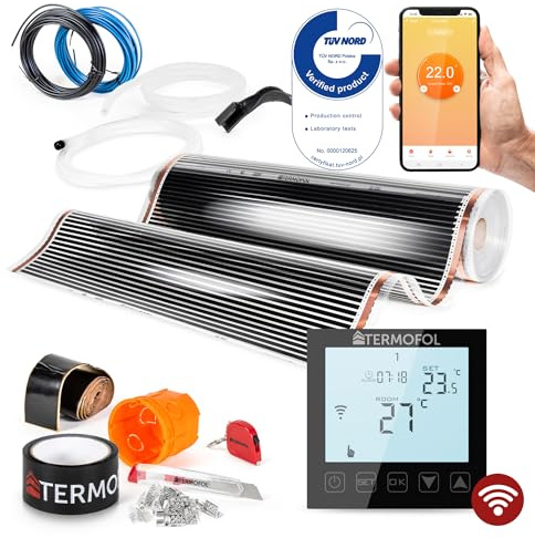 Termofol Elektrisk golvvärme, värmefolie 230 V med termostat, WIFI, svart – effekt 140 W/m2, yta 24 m², golvvärme, elektrisk, komplett set för golv, vägg eller takvärme
