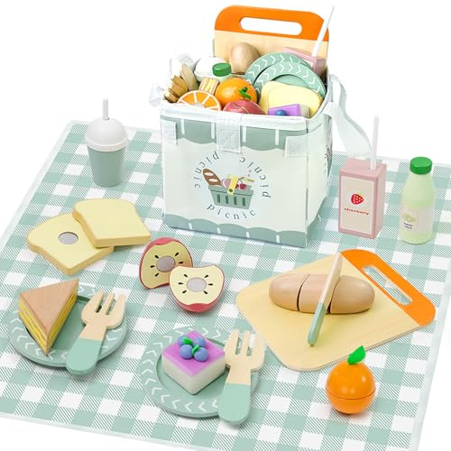Masonbaby Cibo da gioco in legno, set di cibo da gioco per la cucina dei bambini, cibo per fingere cibo, cibo giocattolo con borsa portaoggetti multifunzionale, giocattoli in legno atossici, miglior