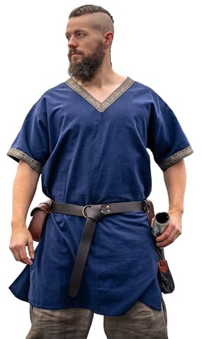 Leonardo Carbone® Tunica vichinga Loki – abbigliamento medievale da uomo, camicia medievale, da uomo, costume da carnevale da uomo, tunica vichinga, abbigliamento LARP – 100% cotone, Blu, M