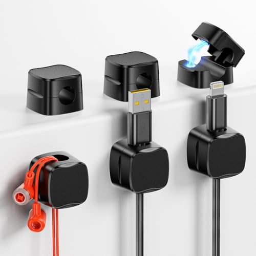 GlasFlength Clip per Cavi Magnetico 6 Pezzi, Fermacavi Scrivania Cable Management Autoadesivo Organizzatore di Cavi Adesivi per Comodino Cucina Fermacavo per USB Cavo Accessori (Nero)