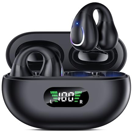 Headphones Wireless Earbuds - Comfort Open Ear Headphone, Clip On Bluetooth 5.3 Ear Buds, Built-in Microphone HIFI Sound Running Earphones with LED Display Charging Case