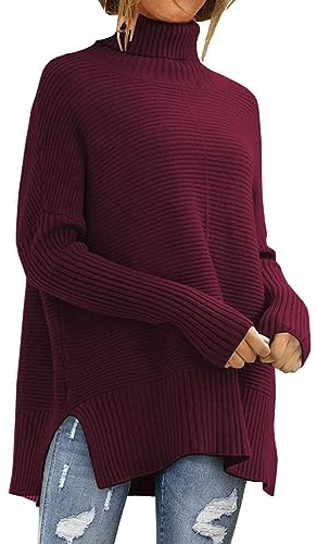 YCBMINGCAN Jersey de mujer con cuello redondo de algodón, de manga larga, tejido, cómodo Jersey de mujer de gran tamaño para invierno, Vino, L