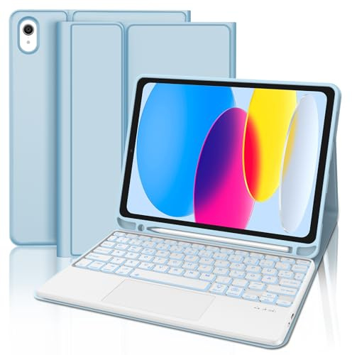 Fodral med tangentbord för iPad A16 11 generation 2025/10, pekplatta och bakgrundsbelysning, Bluetooth-tangentbord för iPad 10 generationens QWERTZ-layout, himmelsblått