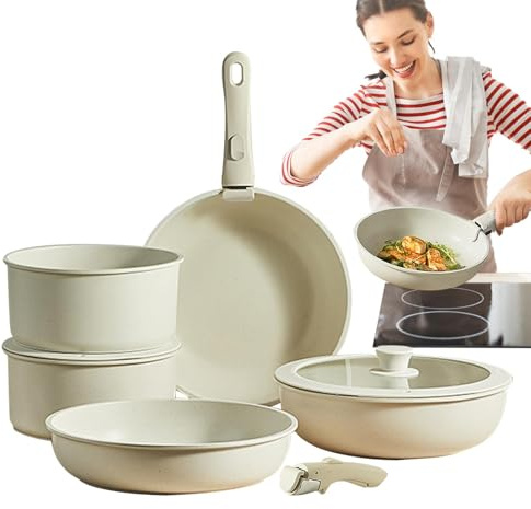 Säkert pannset, induktionskokkärl, kastruller för matlagning – non-stick-belagd, krämvit, avtagbart handtag för matlagning av stekpannor. Kastrullset för stekpannor