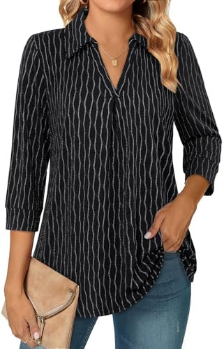 Amrto Bluse Damen Elegant 3/4-Ärmel V Ausschnitt A-Linie Longbluse Longshirt mit Revers Kragen, Casual Elegant Lose Sommer Damenbluse Oberteil für Büro Business, Schwarz L