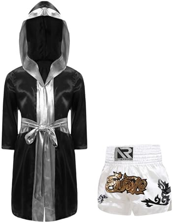 Runhomal – Conjunto de pantalones cortos de boxeo para niño, bata de entrenamiento, boxing MMA Muay Thai Combat Sport 5-16 años, Negro, Plata y Blanco, 5-6 Años