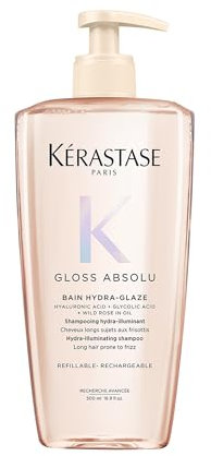 Kérastase Gloss Absolu Bain Hydra-Glaze, Champú Recargable para Cabello Largo con Tendencia al Encrespamiento, Con Ácido Glicólico, Ácido Hialurónico y Rosa Silvestre en Aceite, 500ml