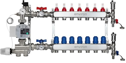 ENVIRON- Heizkreisverteiler [2-12 Heizkreise] mit Festwertregelset, Kugelhahn Set und Schnellentlüfter Set | Hocheffizienzpumpe (Wilo Para 25/6, 7 Heizkreise)