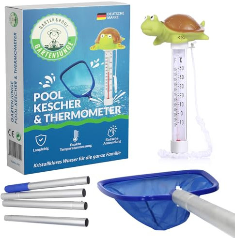 GARTENJUNGE Pool Kescher Set mit Teleskopstange & Thermometer – Aluminium Kescher bis 152 cm – Feinmaschiges Poolnetz – Schildkröten Thermometer – Zubehör zur Poolreinigung