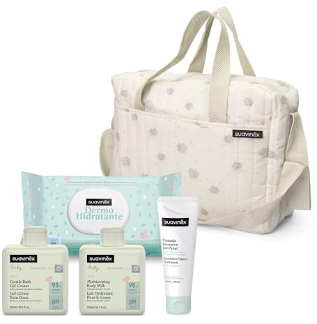 Suavinex, Borsa cambio bambino con cosmetici: Gel detergente delicato 300 ml + Latte idratante 300 ml + Crema per il cambio 75 ml + Salviette 60 unità. Regalo di nascita per bambina e bambino, beige