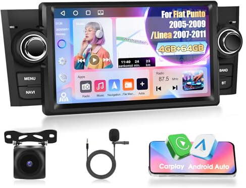 Motorsi Autorradio Estéreo Android 4G+64G para Fiat Punto 2005-2009 Linea 2007-2011, Radio Estéreo de Cuatro Núcleos con Android 15 iOS Carplay Radio Monodin, 32EQ, GPS, Bluetooth 5.0, WiFi, Interfaz