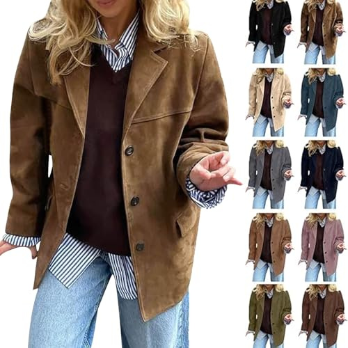 Giacche in pelle scamosciata per le donne UK Smart Casual Oversize Button Down Manica Lunga Cappotto in Ecopelle Y2k Autunno Moda Abiti Tasche